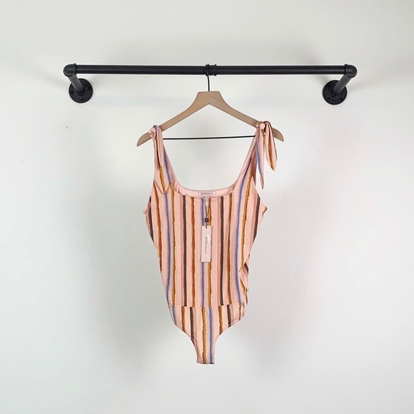 NWT BCBGeneration Revolve Multi Color Striped Tie Shoulder Thong Bodysuit - Picture 7 of 10